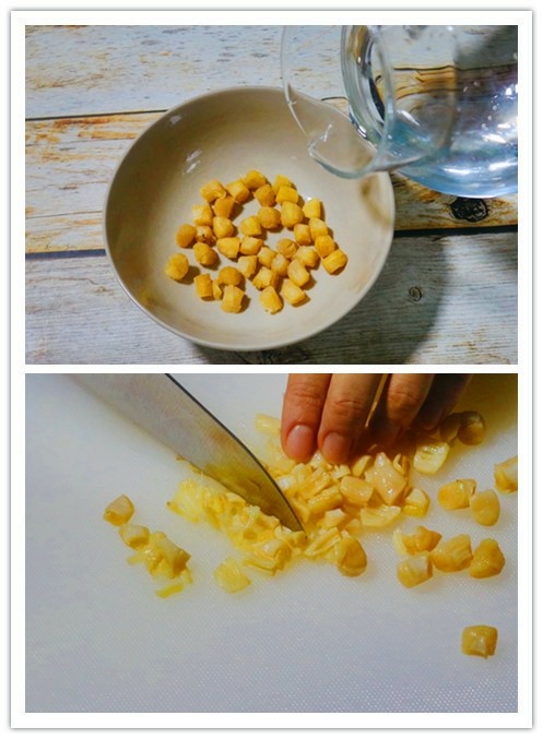 鸡蛋羹~瑶柱姬松茸蒸蛋,瑶柱20克,泡发15分钟,切碎。