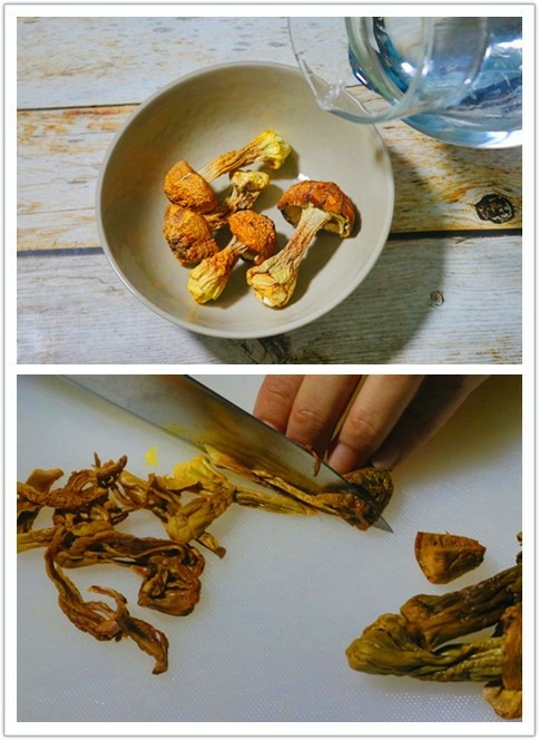 鸡蛋羹~瑶柱姬松茸蒸蛋,姬松茸4朵,泡发30分钟,切丝。