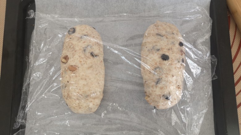 全麦核桃欧包,把整理好的面团放入烤盘，盖保鲜膜进行二发