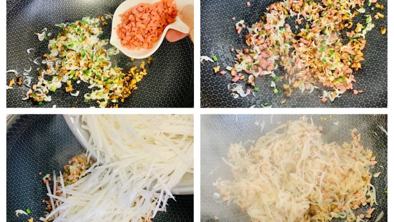萝卜糕,加入火腿肠、萝卜丝继续翻炒,直至萝卜丝变软。