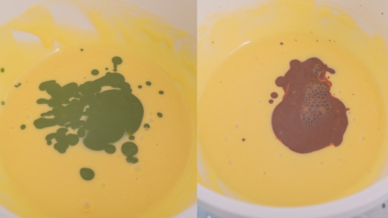 3款像云朵般柔软的瑞士卷,每一口都让人沦陷!,抹茶和可可牛奶分别倒入之前搅拌好的蛋黄糊中,各加20g糖,20g牛奶,40g色拉油搅拌均匀