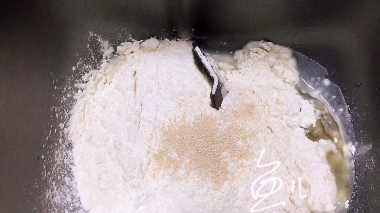 水果披萨,饼底材料放入面包机中和面成团,然后发酵
