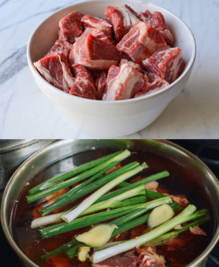 麻辣牛肉面,起锅烧水,将葱姜放入,待水烧开,加入准备好的牛肉、<a style='color:red;display:inline-block;' href='/shicai/ 894'>黄酒</a>,等煮沸后撇去浮沫;