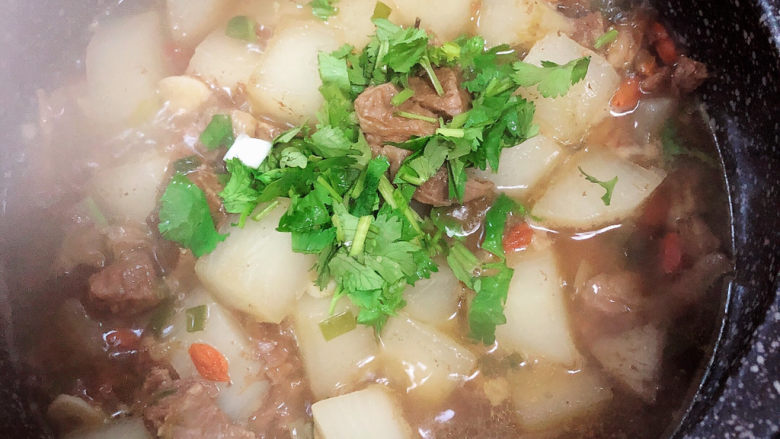 萝卜牛腩煲,关火,撒上香菜末。
