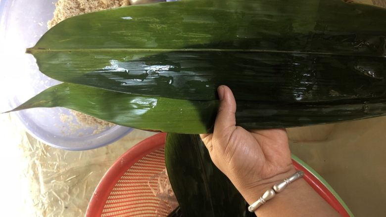 板栗猪肉鹌鹑蛋粽子,竹叶两张,一张头一张尾,头尾相叠,如图所示