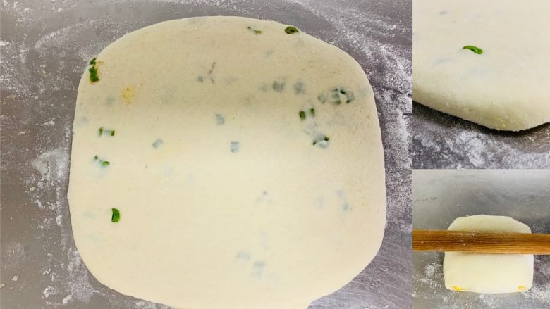 香葱千层饼,将折叠好的面胚用擀面棍,轻轻按压擀成饼,厚度1.5厘米。