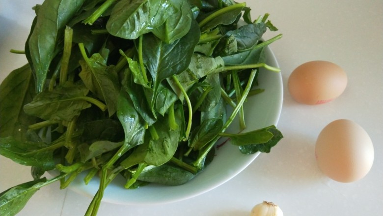 鸡蛋炒菠菜,控干装盘,鸡蛋准备两个,蒜10克。