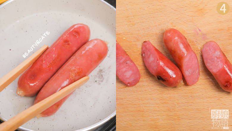 早餐吃得没灵魂?那是因为你没遇见它!,锅里放少许食用油,把<a style='color:red;display:inline-block;' href='/shicai/ 425'>香肠</a>煎至表面金黄,切段备用