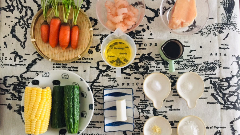 玉米炒虾仁,准备材料