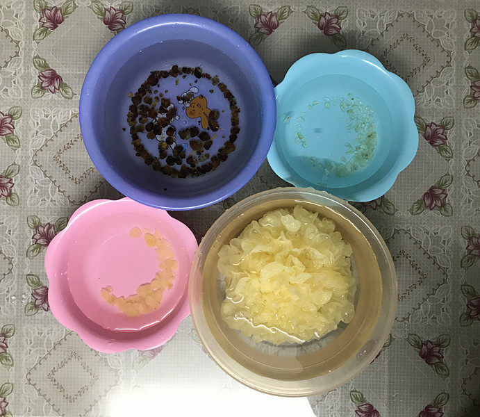 桃胶皂角米雪燕红枣银耳羹,把雪燕,桃胶,皂角米和<a style='color:red;display:inline-block;' href='/shicai/ 120203'>鲜银耳</a>一起分别装在小盆里,浸泡12小时以上;可以头天晚上泡,第二天煮这样比较节约时间