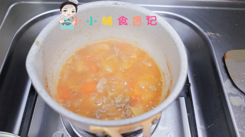 12个月以上番茄土豆牛肉汤,等收汁到这个程度就是可以了,因为我切得块不大所以时间短,如果很大块时间要延长