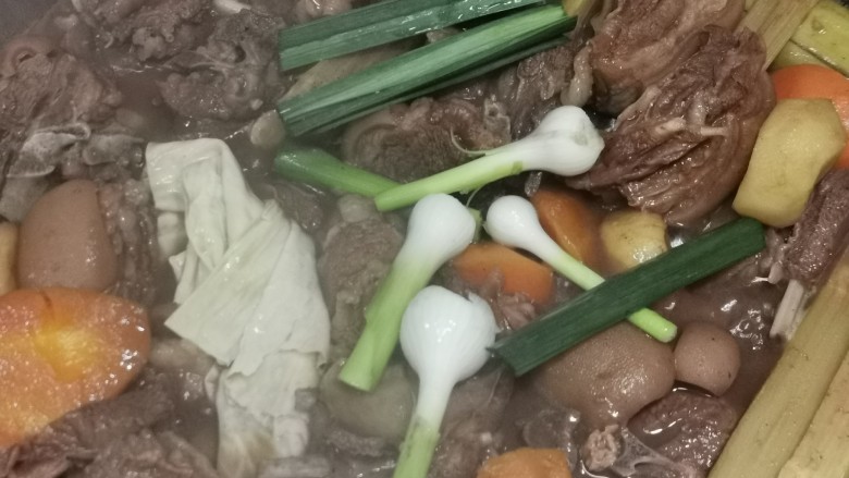 广式炆羊肉,火候够,羊肉炆好调味,加入腐竹青蒜,再煮5分钟。