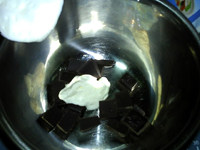 松露巧克力,将巧克力掰成小块,倒入淡奶油