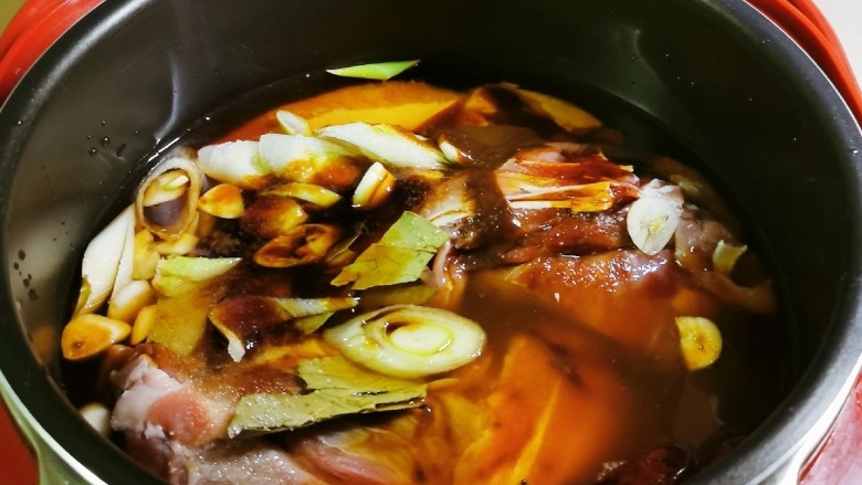 手撕牛肉干,香辛料和调味品加放好了 注入清水 与食材持平即可