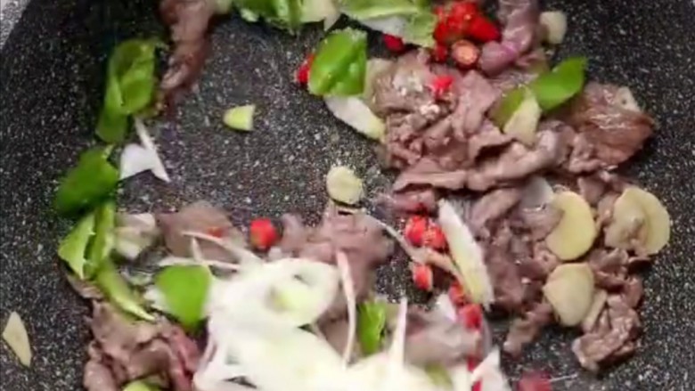 家常小抄牛肉,然后下牛肉,炒至没有血色,放青椒,大葱炒一下,调味放入<a style='color:red;display:inline-block;' href='/shicai/ 788'>生抽</a>,跟酱油。