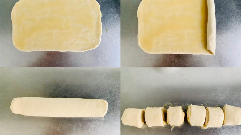 发面油酥小糖饼,将油酥均匀涂抹等候,从一侧卷起,平均分成六等份。