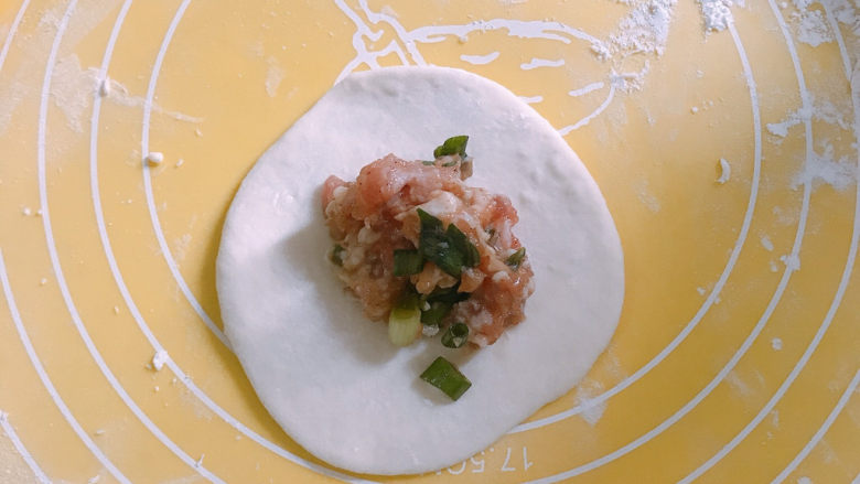 鲜肉饼,把面团分成4份。每一个揉圆,然后按扁。用擀面杖擀薄。然后放入肉馅。