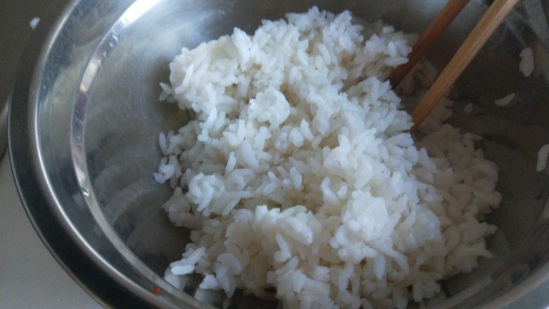 鲜虾饼,剩<a style='color:red;display:inline-block;' href='/shicai/ 507'>米饭</a>半碗,倒入盆中。