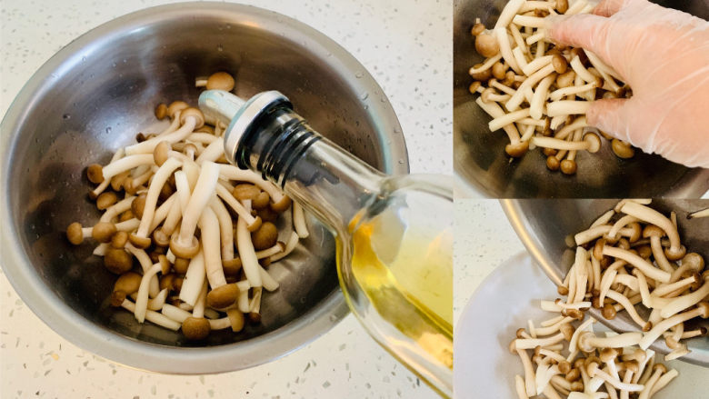 菌菇蒸鸡肉,菌菇加入油,抓拌均匀放入碗中。