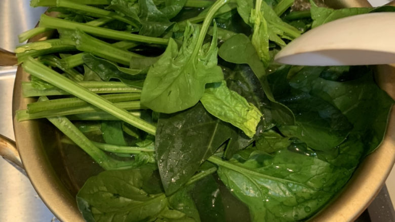 猪肝菠菜汤,把菠菜放入锅内,煮熟