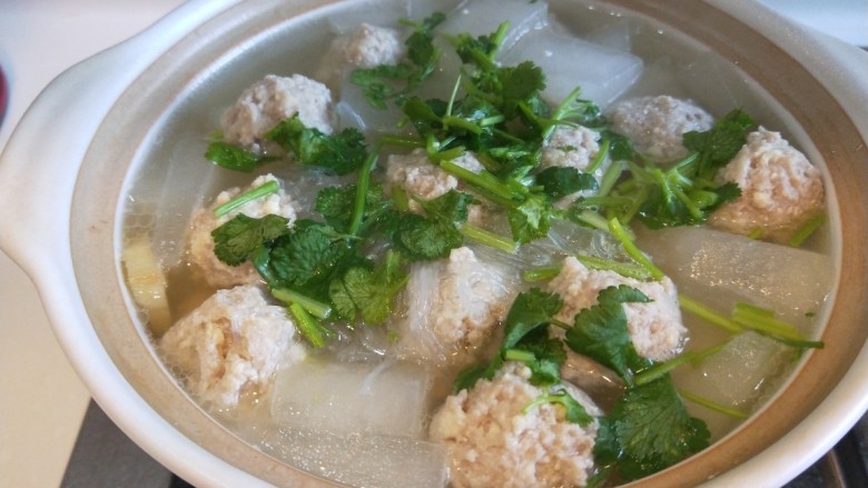 冬瓜肉丸汤,加入适量盐,白胡椒。鸡精,香菜。