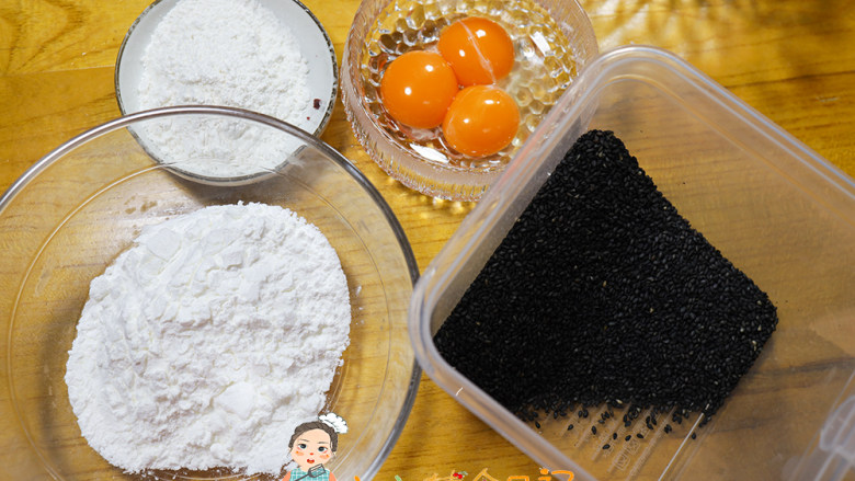 10个月以上辅食蛋黄芝麻小饼干,这些是材料,芝麻一定要炒熟才香