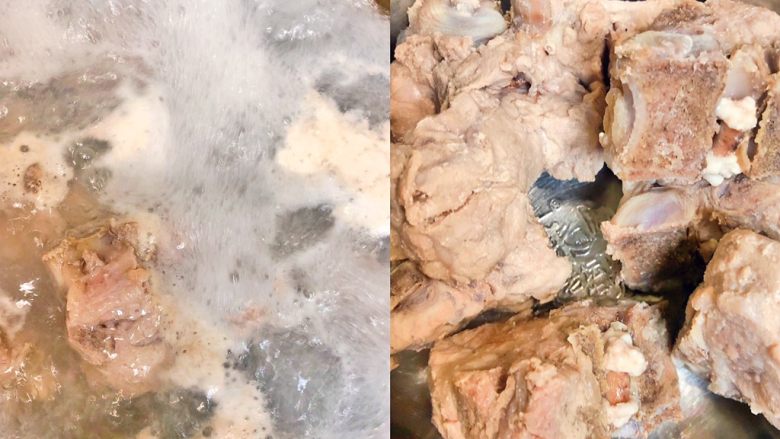 简易版炖排骨(懒人排骨),脊骨放料酒焯水去腥去除杂质。