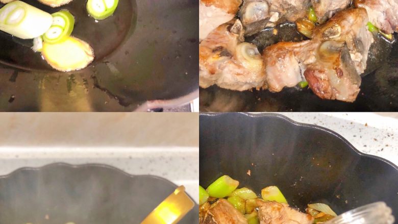 简易版炖排骨(懒人排骨),锅热倒油,爆香葱姜,下入脊骨,翻炒焦黄,倒一勺香醋,去腥增香,倒生抽调味,老抽上色(我用草菇老抽,颜色很漂亮)