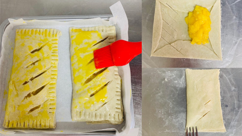 菠萝派,将做好的馅料平均分成四份,取其中的一份放在饼皮的右侧,对折,用叉子压实边缘。