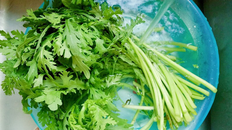 蒜泥茼蒿,将茼蒿去掉老的根部,放在水里冲洗干净