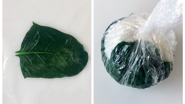 玲珑可爱的手鞠寿司,吃一口满满的幸福感,取一片菠菜叶,正面朝下铺平,然后放上饭团,用保鲜膜裹好。