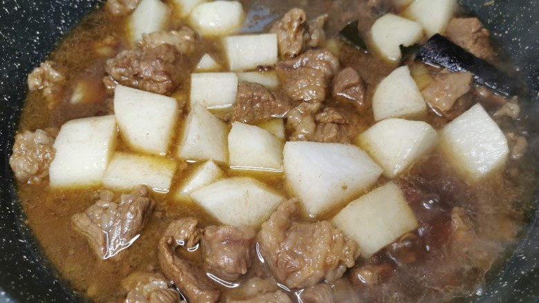啤酒炖牛肉,加入<a style='color:red;display:inline-block;' href='/shicai/ 24'>萝卜</a>块,炖20分钟