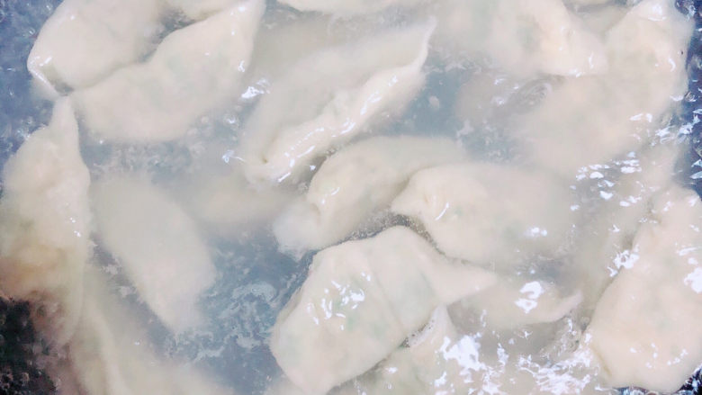 韭菜猪肉馅水饺,烧好开水,煮大约5分钟左右,一个方向搅动饺子,避免破皮。