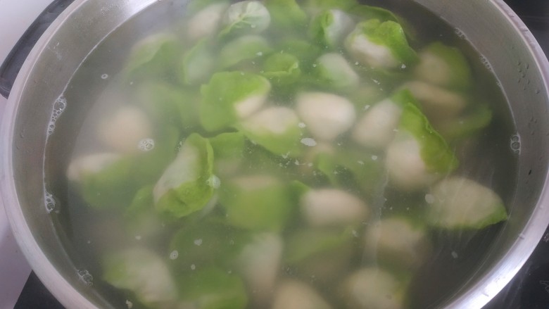 韭菜猪肉馅水饺,锅中放入适量清水加入一勺盐烧开,下入饺子,用勺子推动一下别粘锅,盖上锅盖烧开