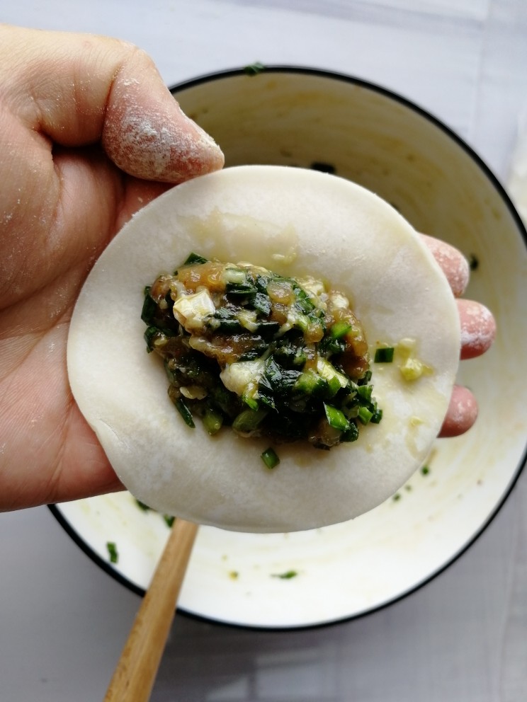 韭菜猪肉馅水饺,拿出准备好的饺皮，放上适量馅儿，就可以开始包了