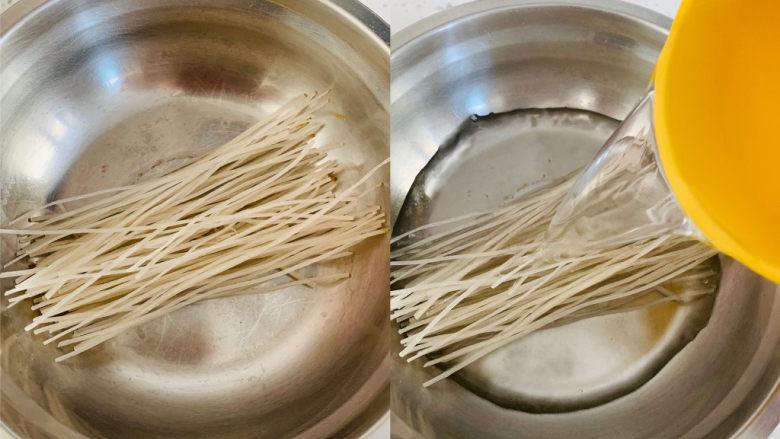 卷心菜炒粉丝,将粉丝提前用水充分浸泡,粉丝提前浸泡方便后面制作。