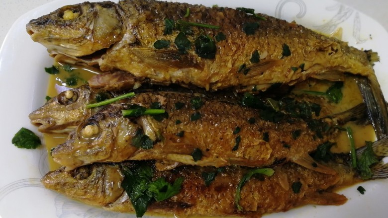 煎焖开江鱼,盛盘,洒些香菜末,把锅内汤汁浇在上面。