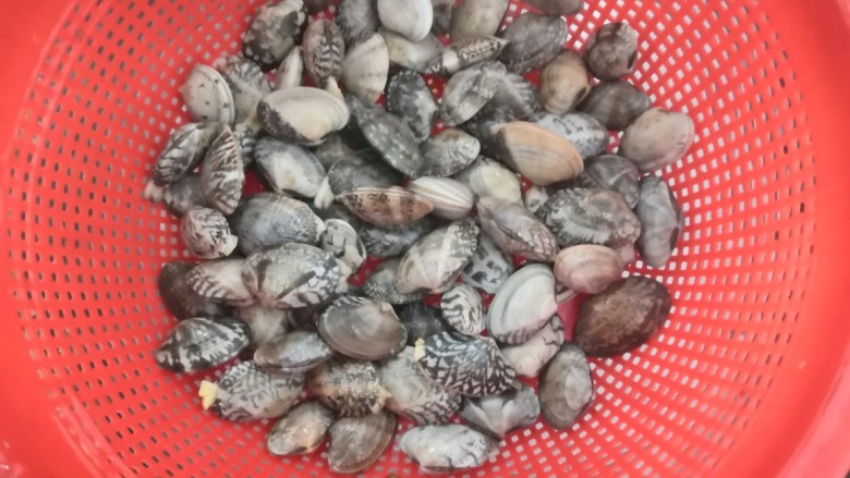 麻辣花蛤,把花蛤冲洗干净,沥干水份备用