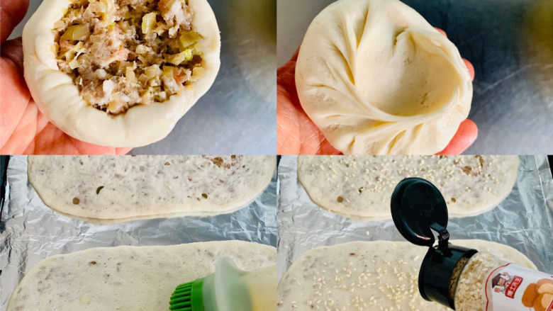鲜肉榨菜锅盔,用包包子的手法包好馅料,烤盘铺好油纸,将包好的饼胚放在烤盘上用手轻轻按压平整,馅料露出也不怕,薄薄的刷上一层薄油,撒上<a style='color:red;display:inline-block;' href='/shicai/ 678'>白芝麻</a>