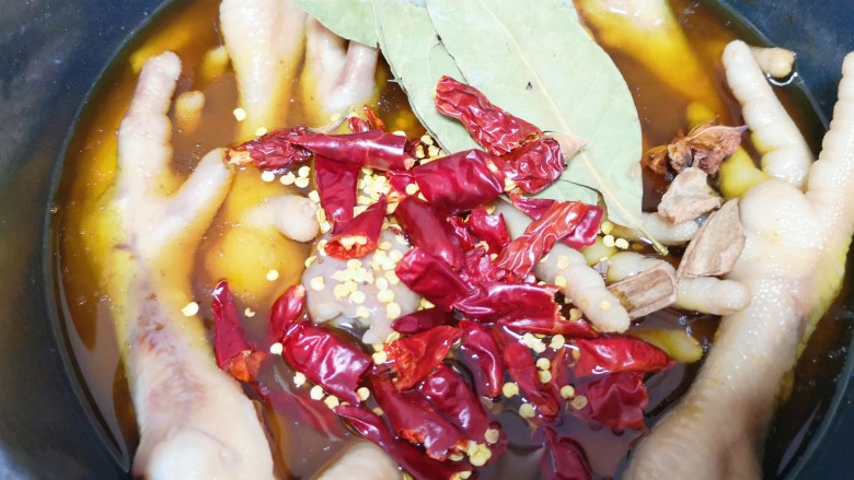 香辣卤鸡爪,将准备好的香料放入卤汤里,加入纯净水没过鸡爪,放盐和<a style='color:red;display:inline-block;' href='/shicai/ 866'>冰糖</a>调味。