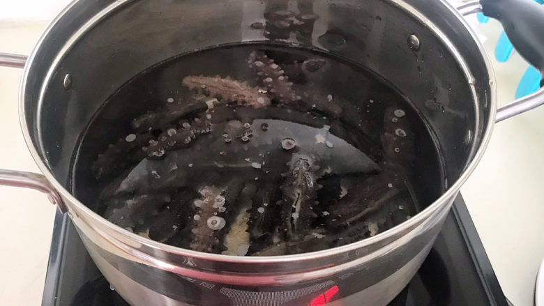 淡干海参泡发,把海参放入一个无油的干净的煮锅里面,加入纯净水