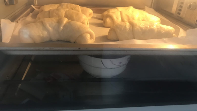 酸奶椰蓉面包卷,放入烤箱温度调40度二次发酵20分钟,下面放一碗温水