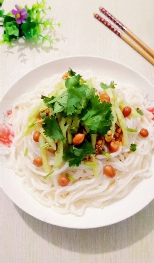 凉拌面,把面条放入盘里,浇上调好的汁,撒上黄瓜丝和香菜即可