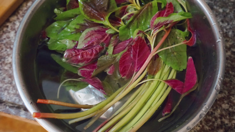 苋菜豆腐汤,苋菜先放进清水里浸泡半小时(家有小苏打的可以加进水里噢)