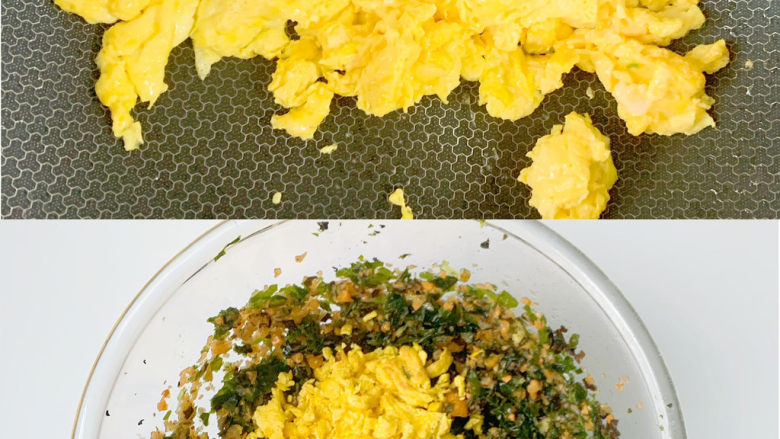 宝宝爱吃的营养丰富素包子(多种食材),鸡蛋炒熟后用锅铲弄成小小块,放入馅盆中搅拌均匀。