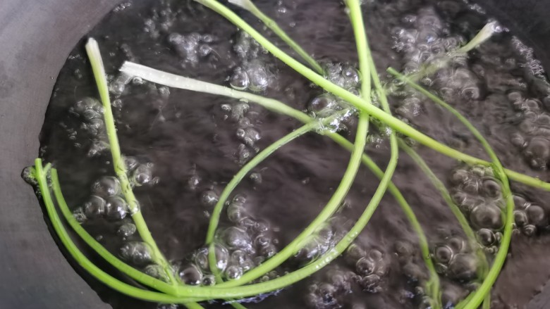 千张包肉,香菜摘掉叶子,放入开水中焯一下。