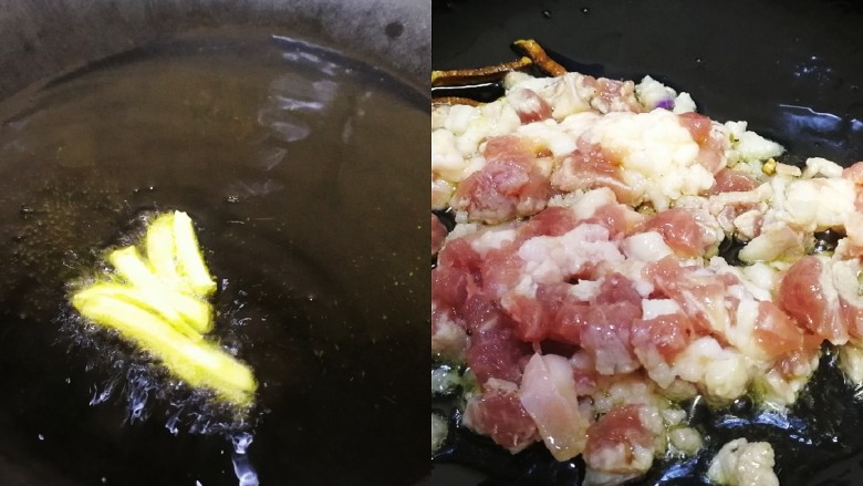 老北京炸酱面,热锅倒入比炒菜多一点的油,小火把姜丝炒香,放入肉末滑炒。