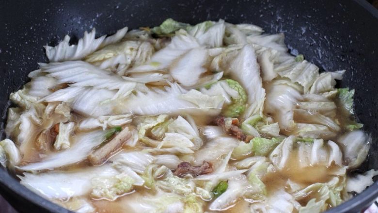 白菜炖豆腐,倒入适量清水与白菜持平,盖上锅盖大火烧至汤汁沸腾。