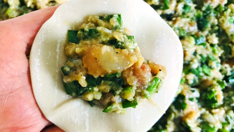 白菜虾仁韭菜猪肉饺子,取适量的饺子馅，放在饺子皮的中间，包成饺子