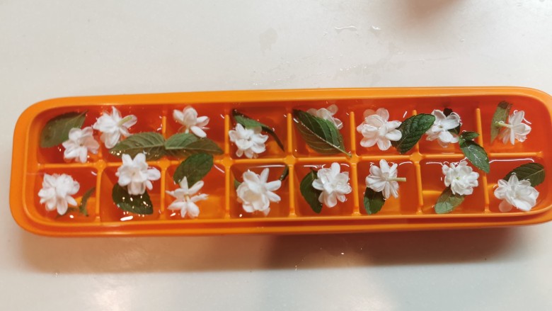 茉莉花冰,每个冰格里放一朵花一片叶子,加饮用水后花会浮起来,要用叶子盖在上面,压着不让花浮起,但也有不听话的。